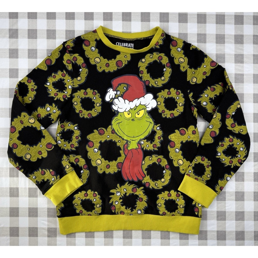 Grinch Christmas Sweatshirt Youth‎ Large Holiday Graphic Wreath Crewneck